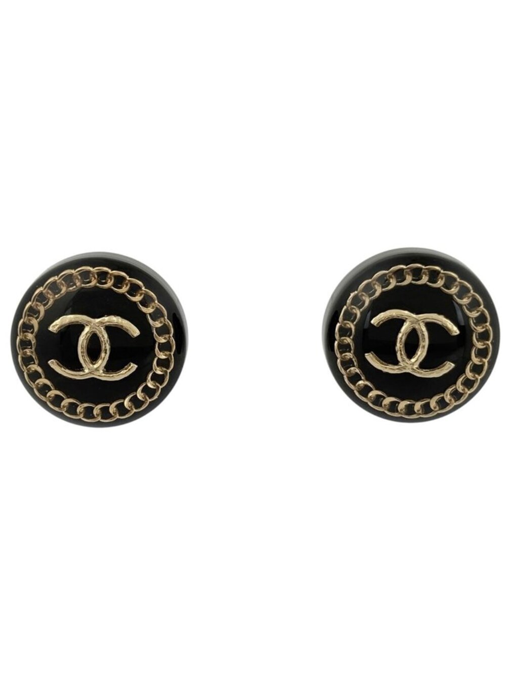 Chanel Earrings CC Logo Round Plastic Black Gold